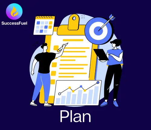 Illustration showing the third step on SuccessFuel.info: starting to plan using the purchased files and a customized business plan, with a person organizing tasks on a digital planner.